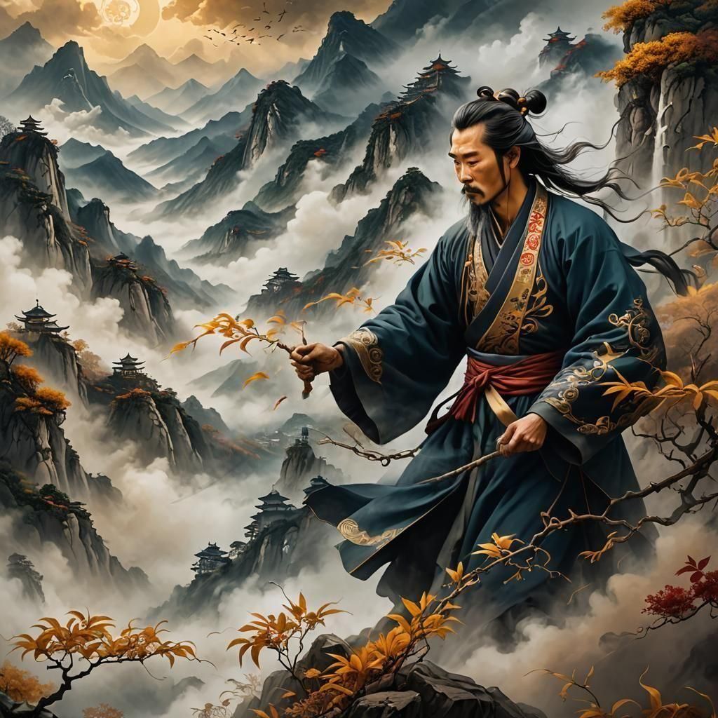 Spiritual Cultivator Bending Wind: Detailed Matte Painting
