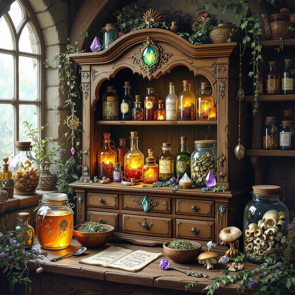 Mystical Apothecary with Glowing Potions and Spell Cabinet
