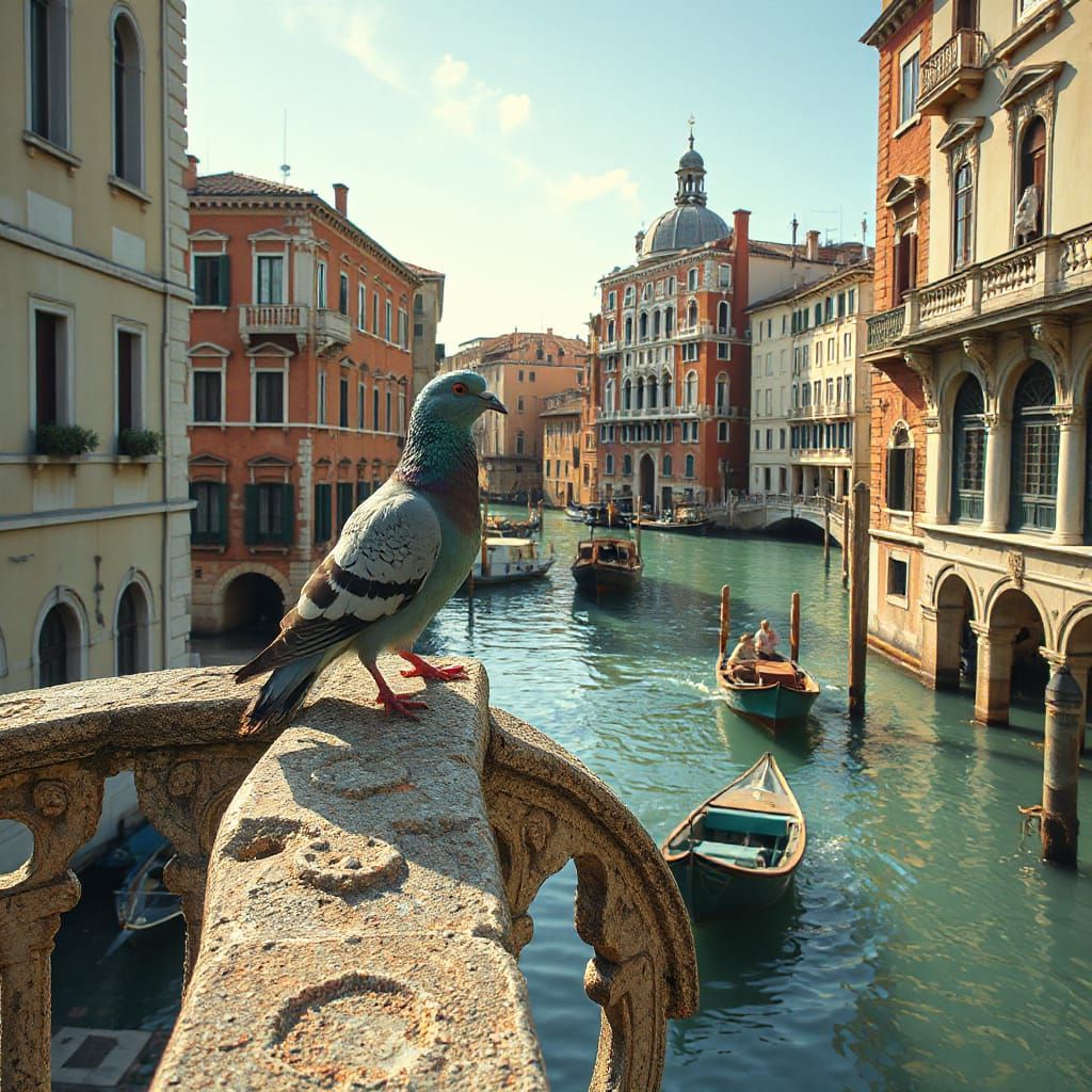 Turquoise Pigeon Overlooking Venice in Art Nouveau Style