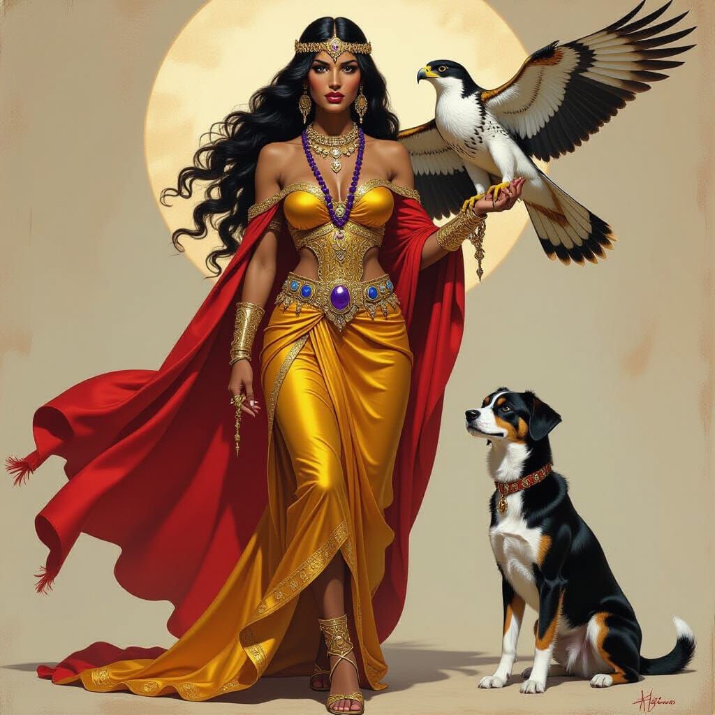 Majestic Dark Goddess with Falcon, Art Nouveau Style