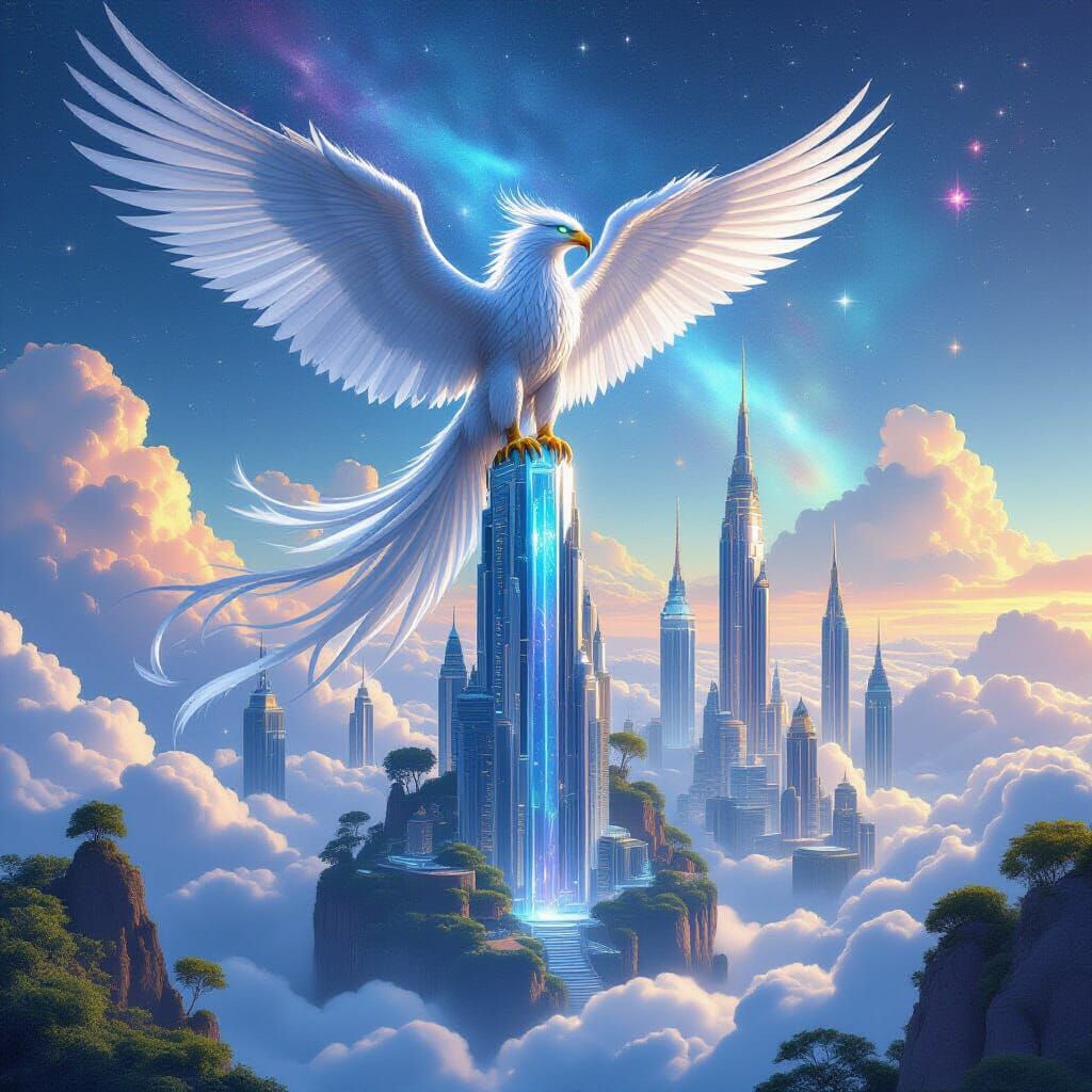 Griffin Perched on Crystalline Spire in Floating City