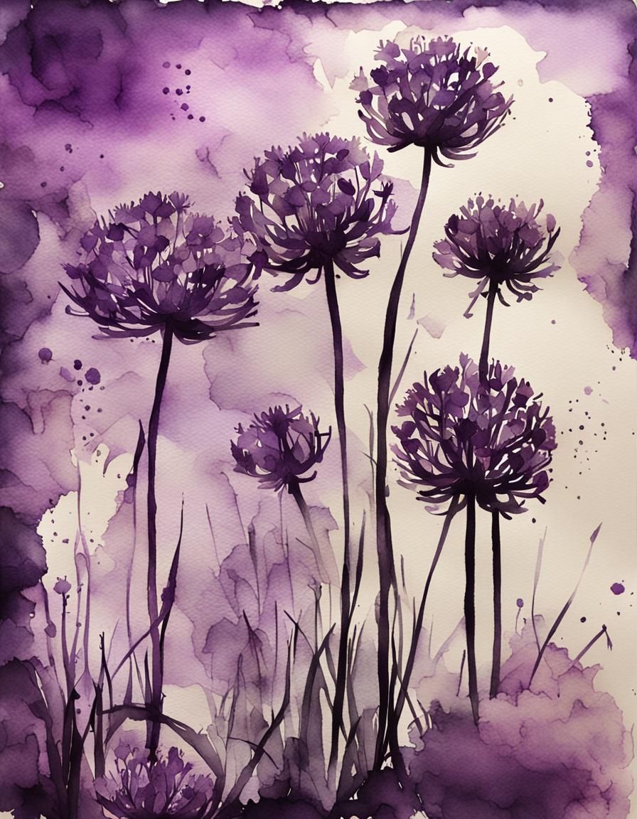 Faded Purple Alliums in Watercolor and Ink