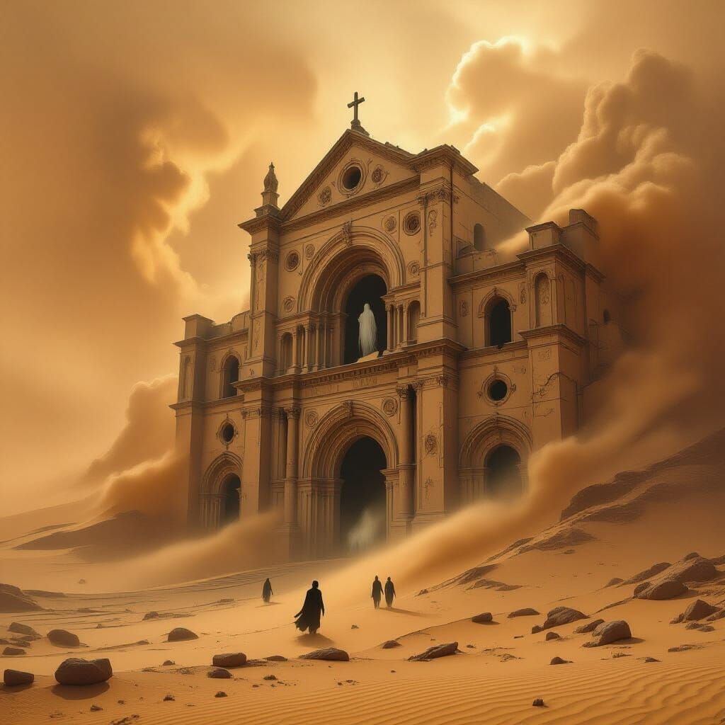 Haunting Cathedral in Sandstorm, Dark Fantasy Style