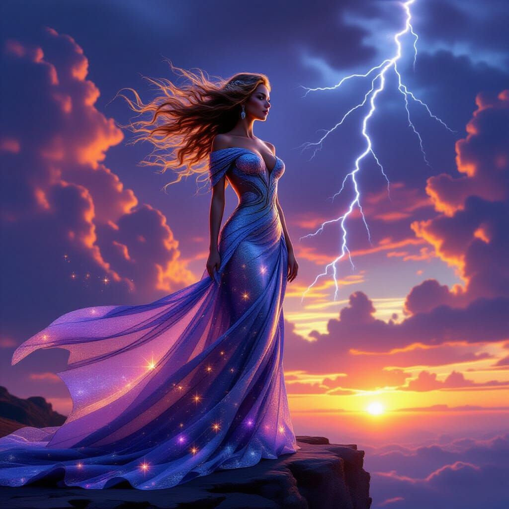 Majestic Woman on Cliff at Sunset in Fantasy Realism
