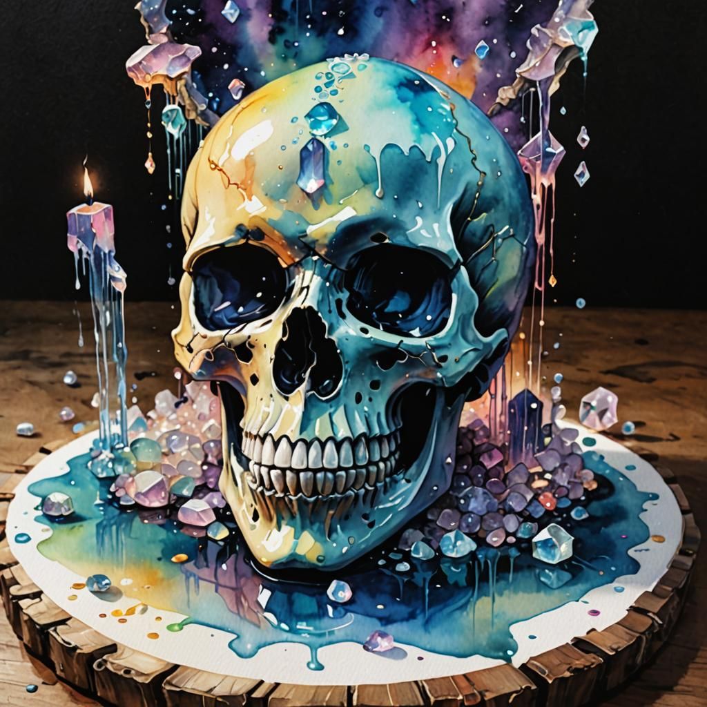 Watercolor Skull with Crystals and Glowing Runes