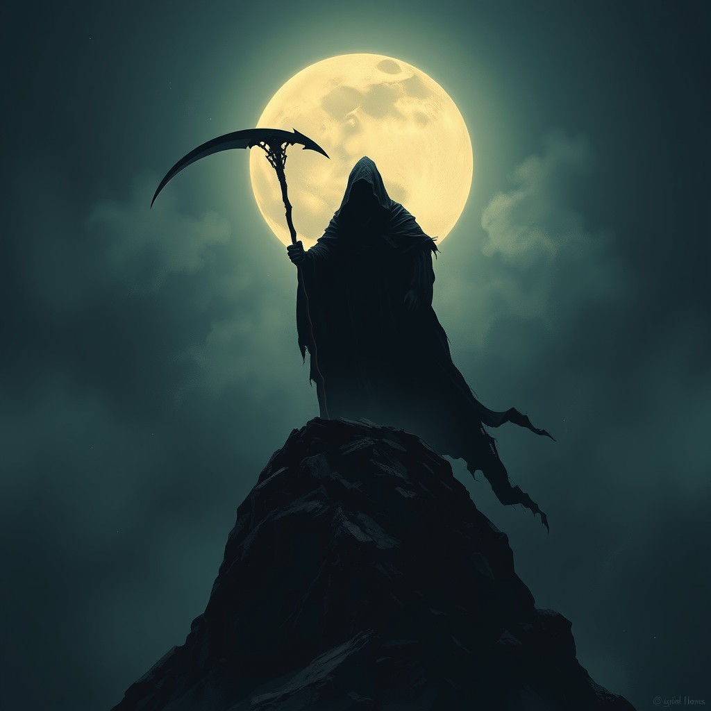 Majestic Reaper on Moonlit Peak: Digital Art