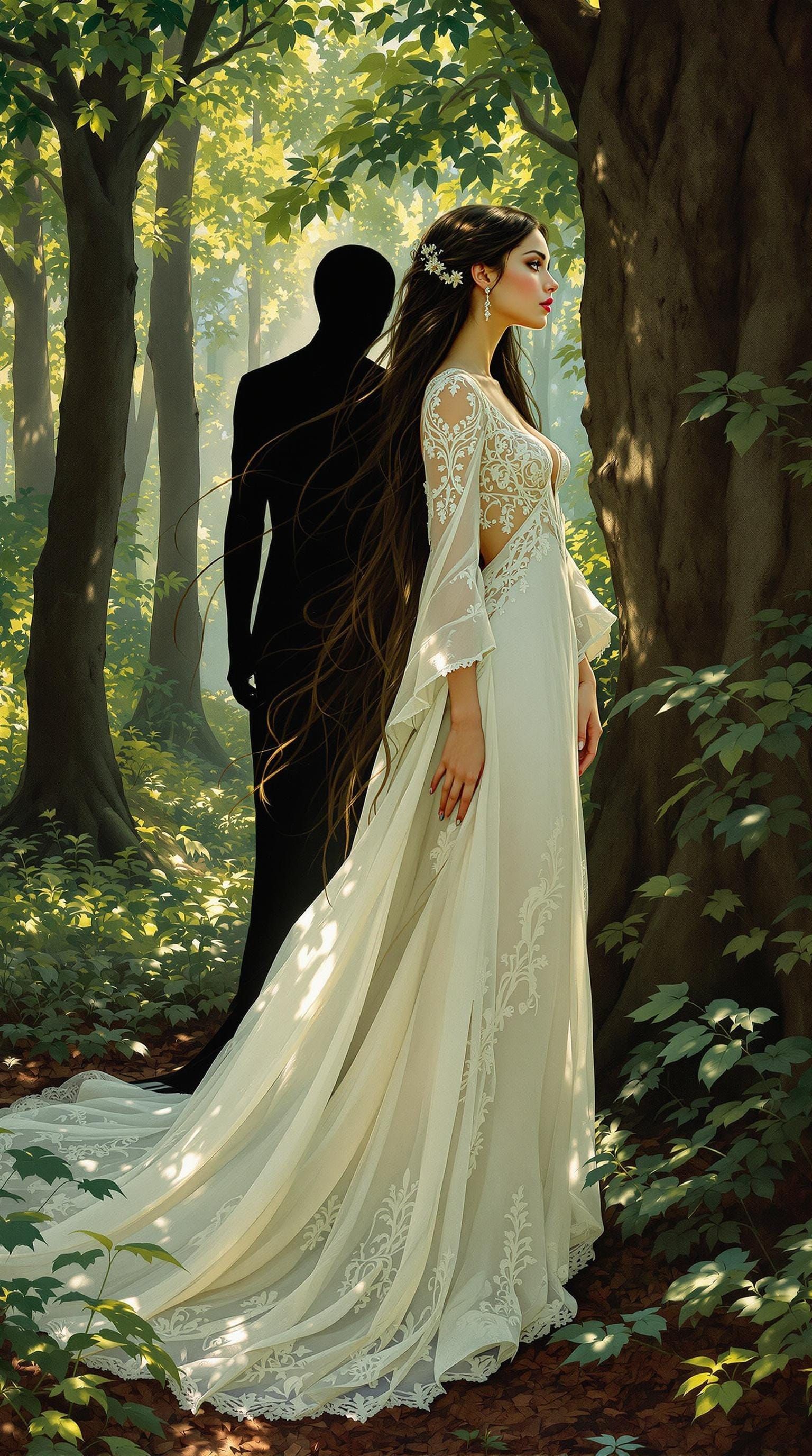 Enigmatic Lady Surrounded by Ethereal Forest