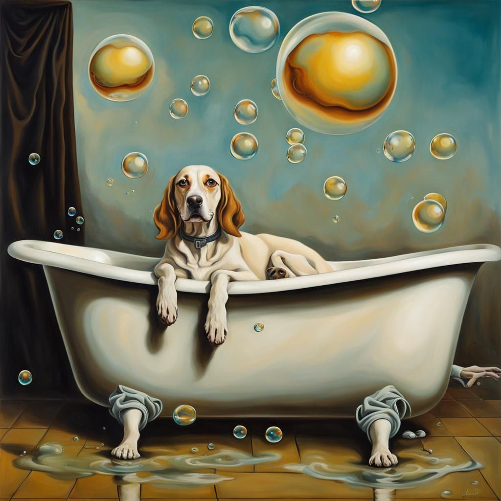 Surreal Dog in Bubble Bath, Dali Style