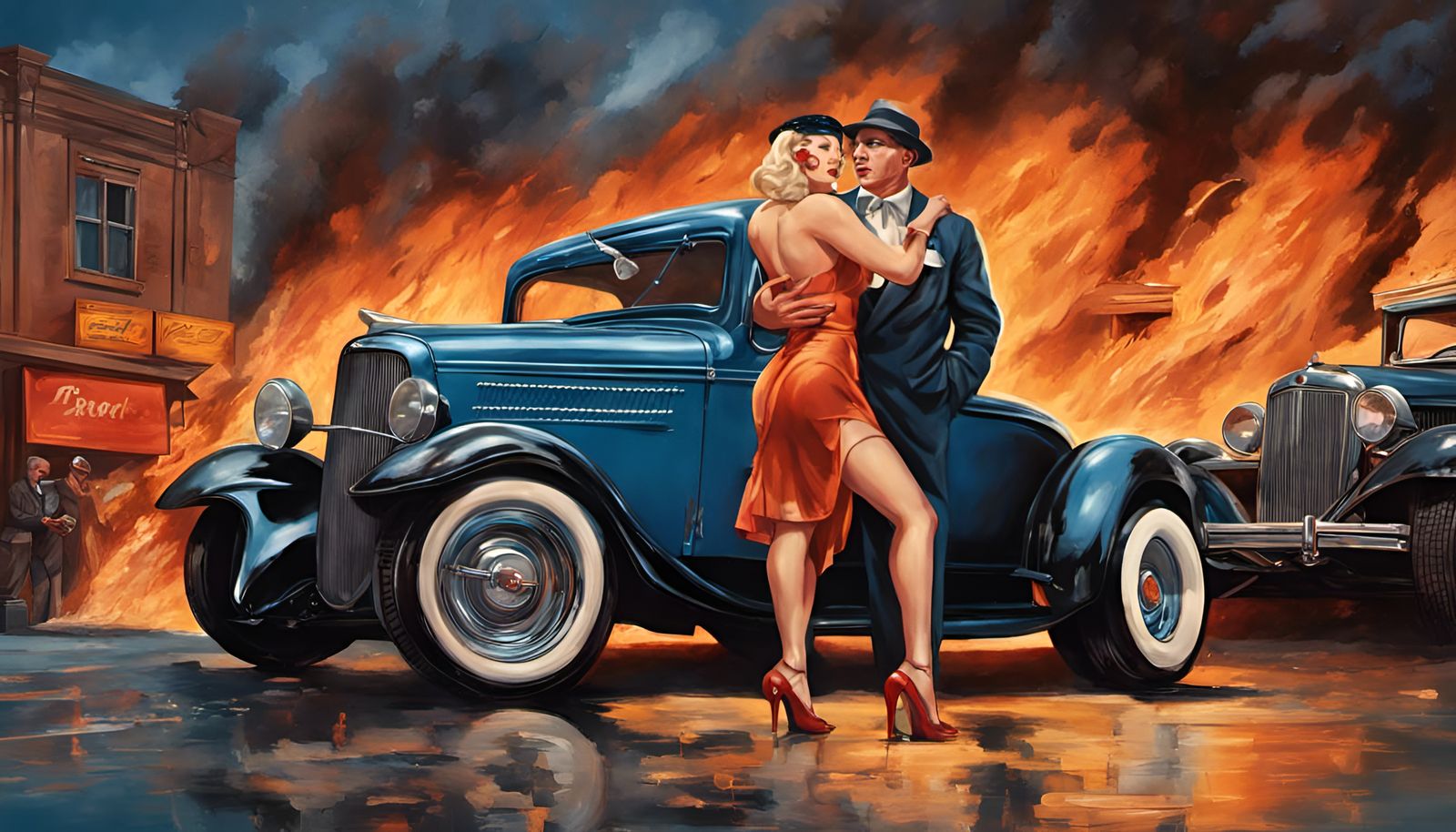 1930s Pinup with Mobster and Burning Building
