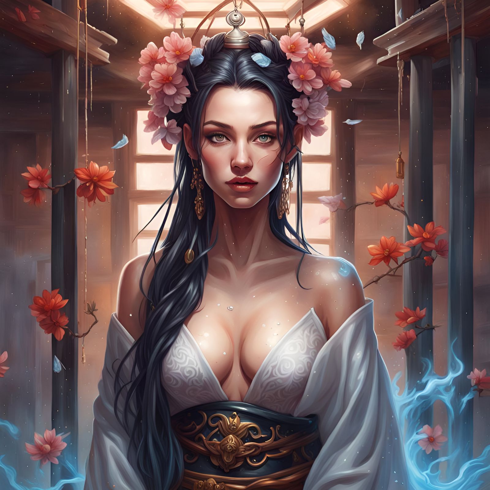 Fantasy Art: Nude Woman in Shower, Detailed Portrait