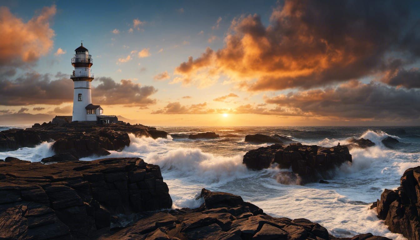 Dramatic Seascape: Crashing Waves and Sunset Lighthouse