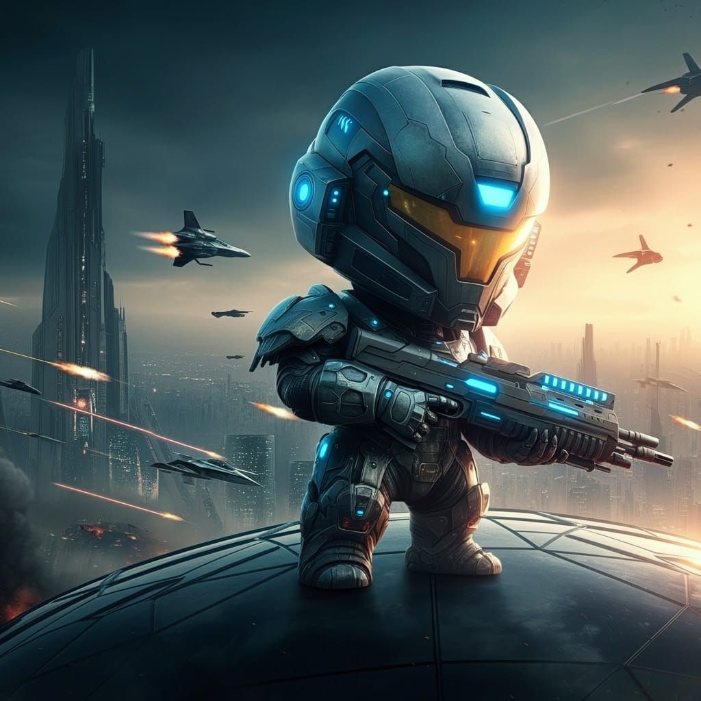 Chibi Exosuit Warrior on Alien Cityscape
