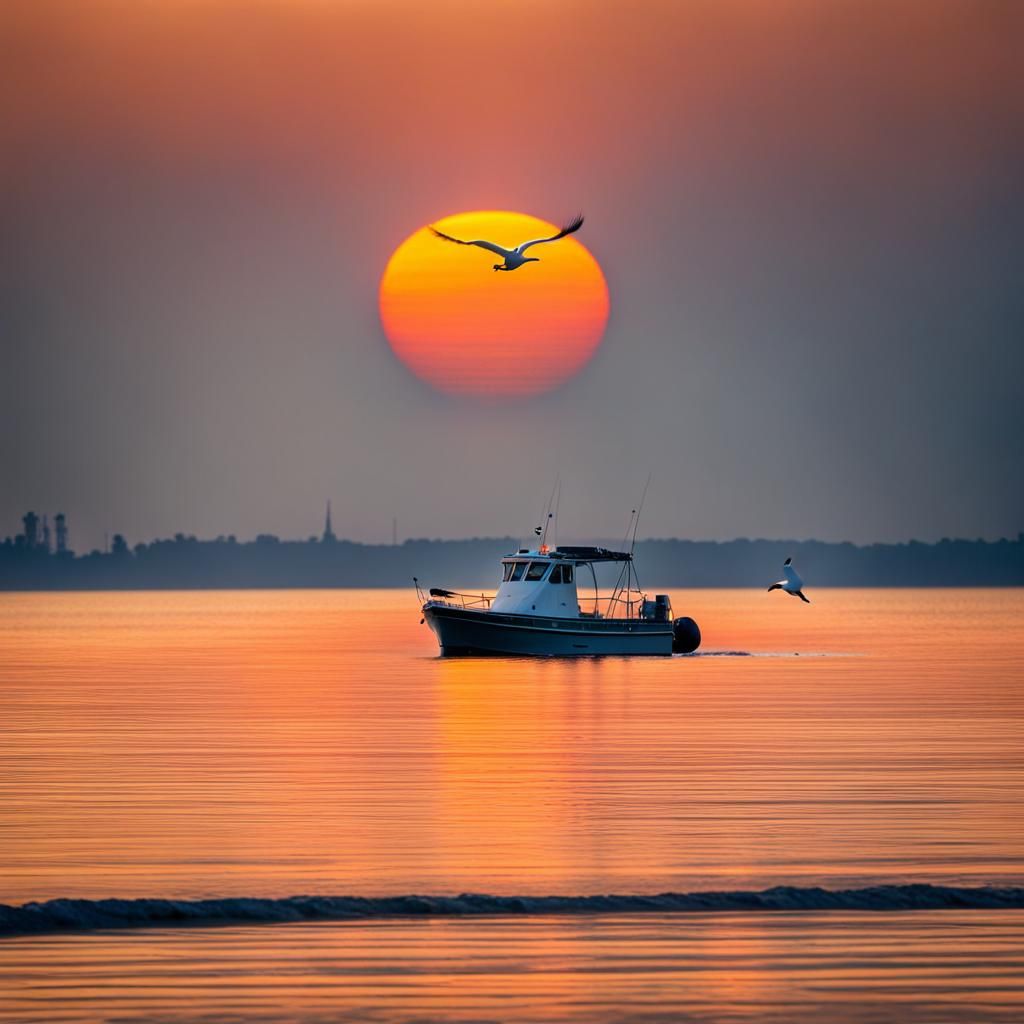 Golden Hour Seaside Serenity: Boat and Seagull