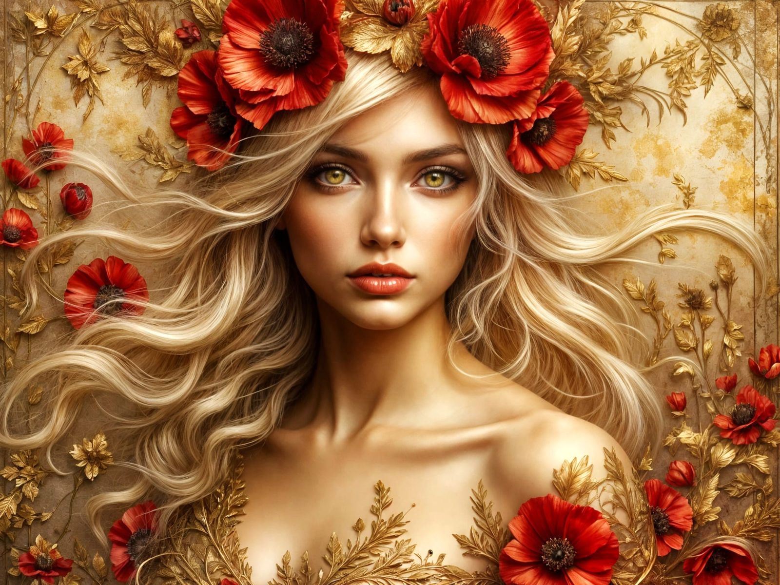 Poppy Crown Portrait of a Woman in Painterly Style