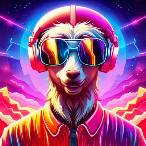Psychedelic Vaporwave Goats in Cosmic Dreamscape