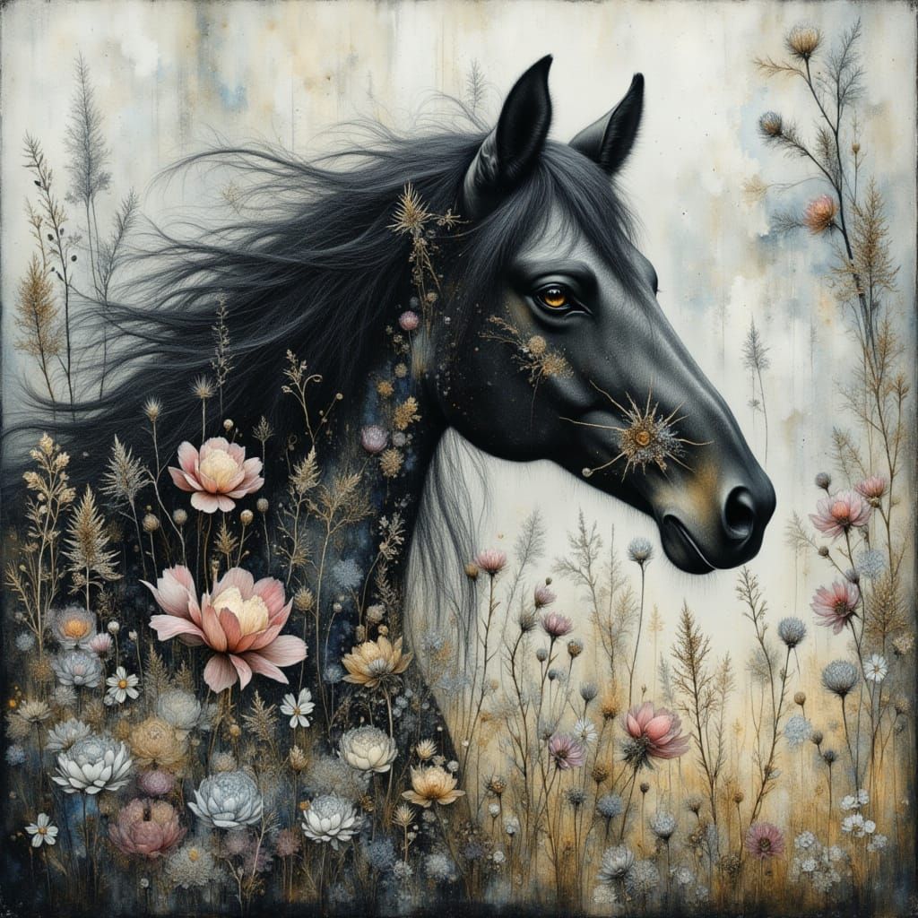 Black Horse in Misty Nature Watercolor