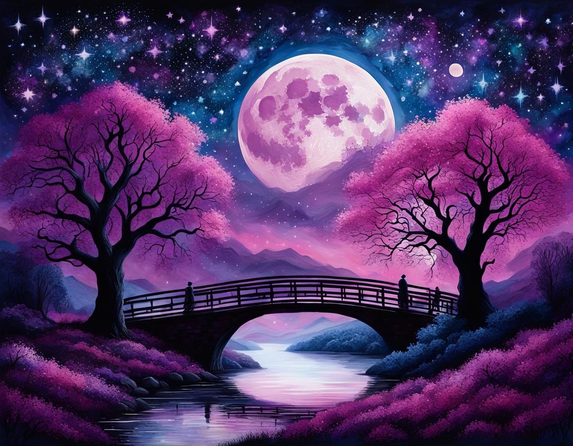 Oak Trees Bridge River Under Purple Moon