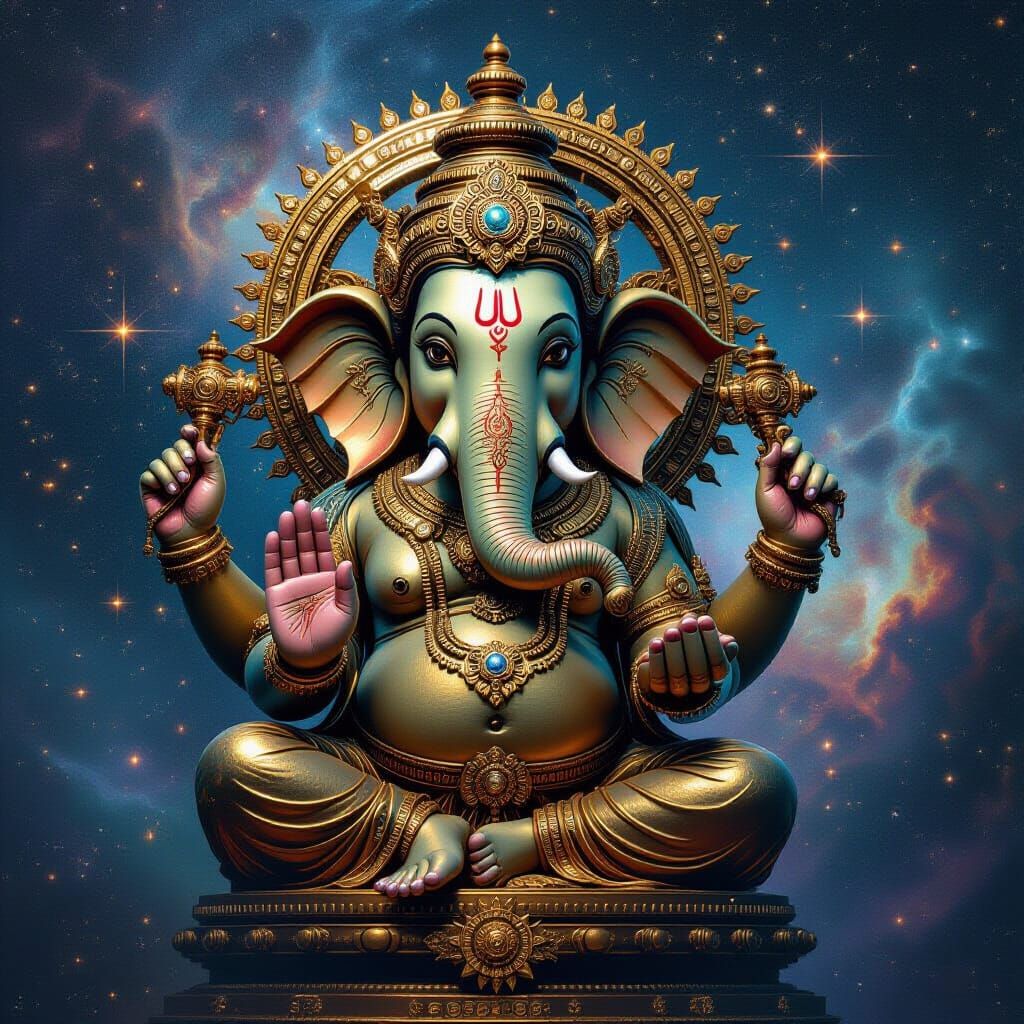 Clockwork Ganesha Statue in Cosmic Stardust Nebula