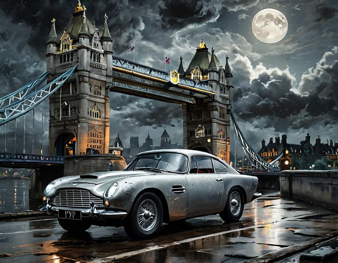 Aston Martin DB5 Over Tower Bridge: Acrylic Painting
