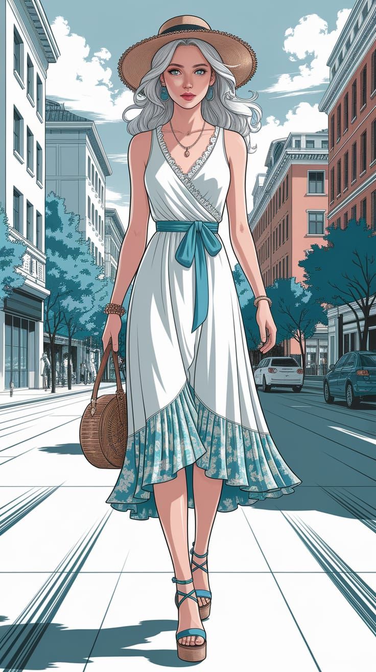 Woman in Bohemian Summer Dress Fashion Sketch