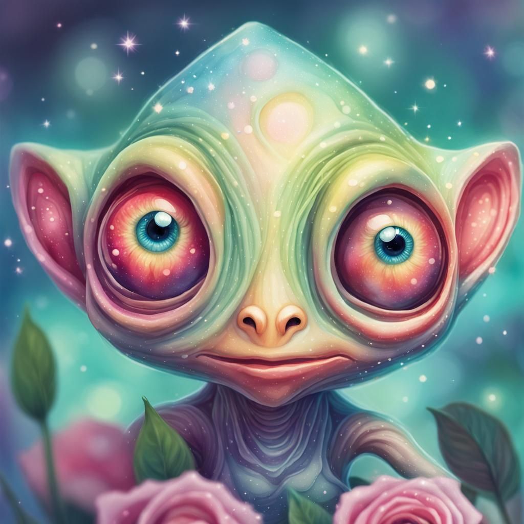 Whimsical Alien on Rose: Watercolor Fantasy Art
