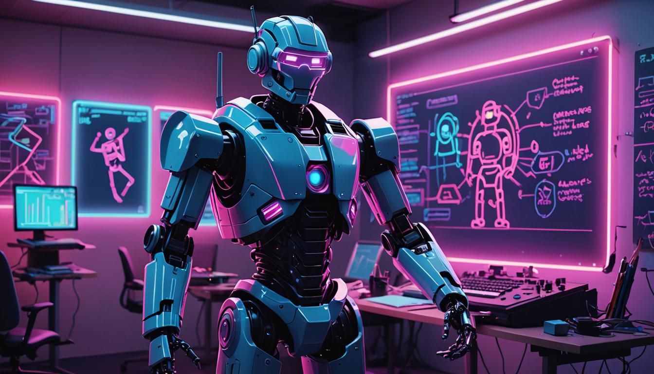 Retro Robot Explains Flowchart in Synthwave Neon