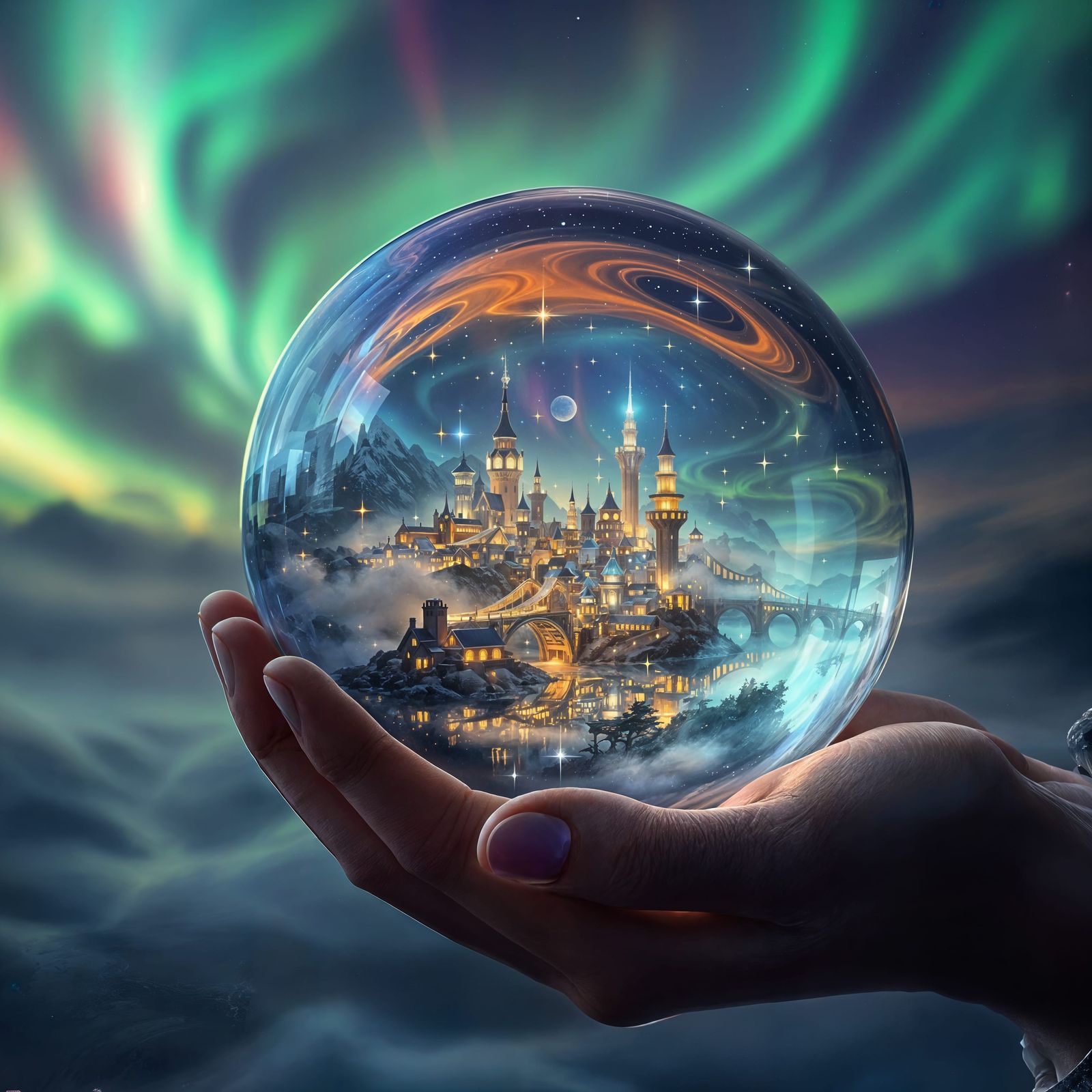 Surreal Cityscape Shines Within Glass Orb