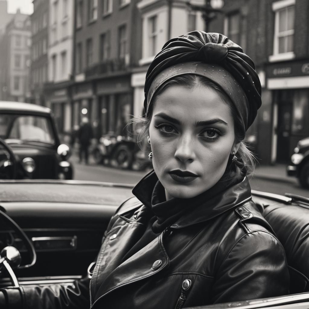 Film Noir Woman in Convertible Car, London Street