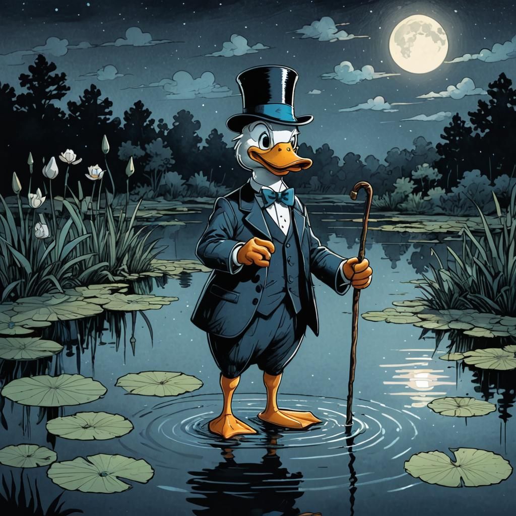 Cartoon Duck on Moonlit Pond in Disney Style