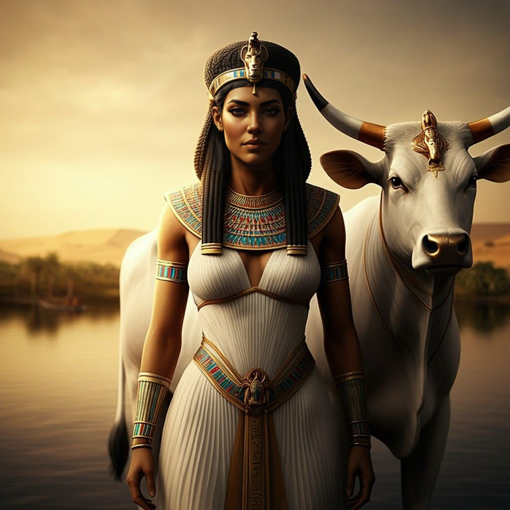 Egyptian Cow Goddess Ami-urt in Ancient Nile River Landscape
