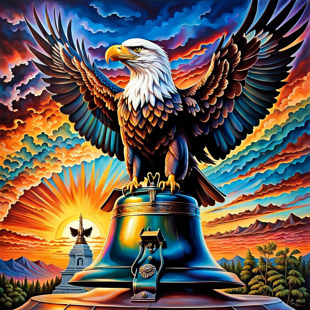 Liberty Bell and Eagle at Sunset in Impressionist Style