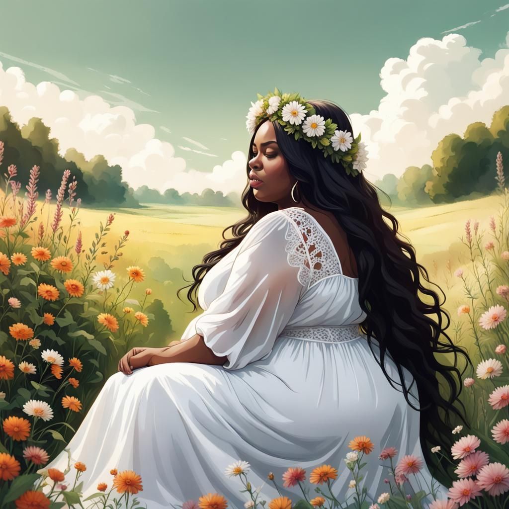 Woman in White Dress Sitting in Flower Field