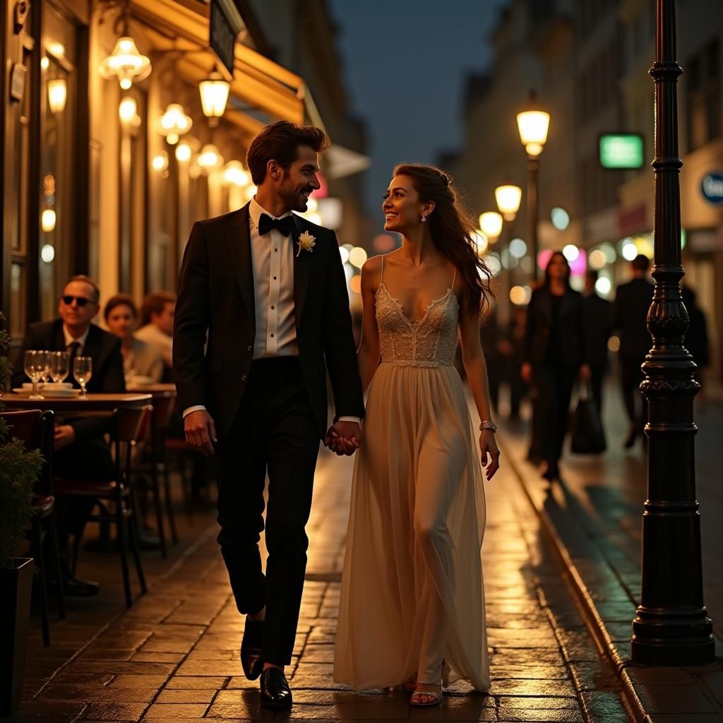 Couple in Golden Light: Nocturnal City Scene