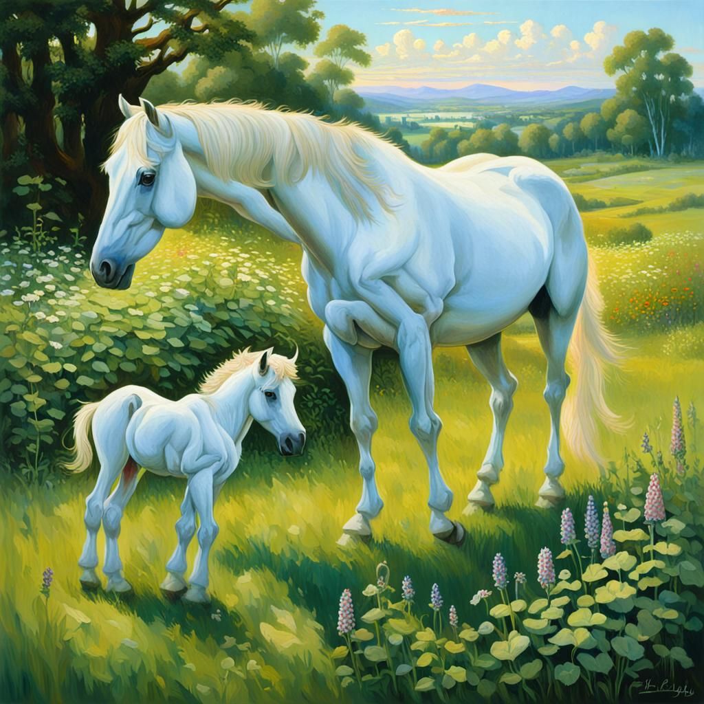 White Horse and Foal in Sunlit Meadow