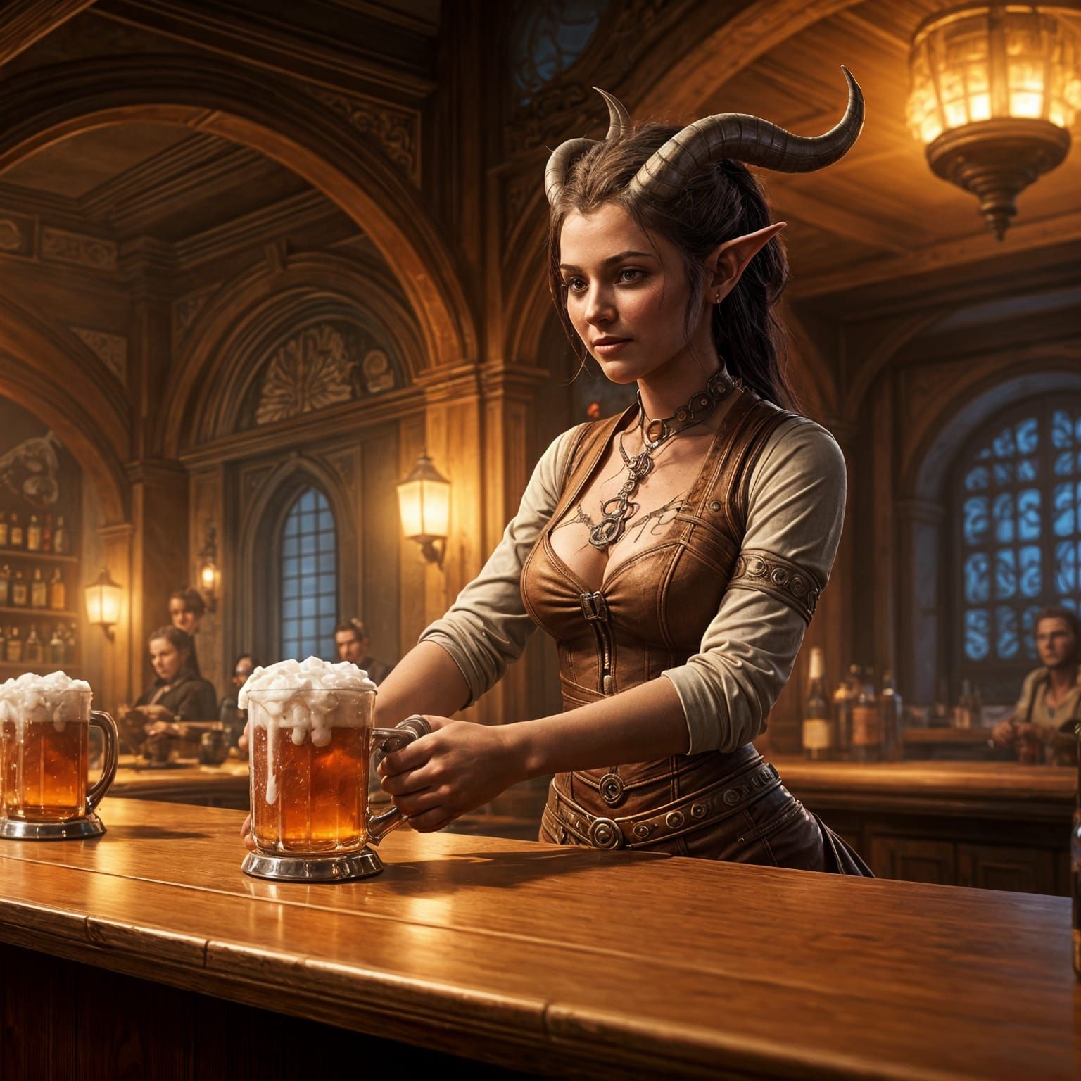 Tiefling Bartender Serving Drink: Fantasy Concept Art