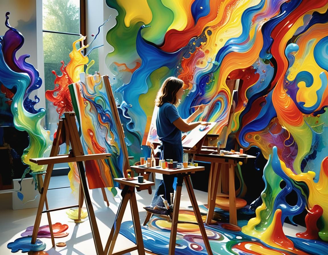 Artist Surrounded by Swirling Glass Art