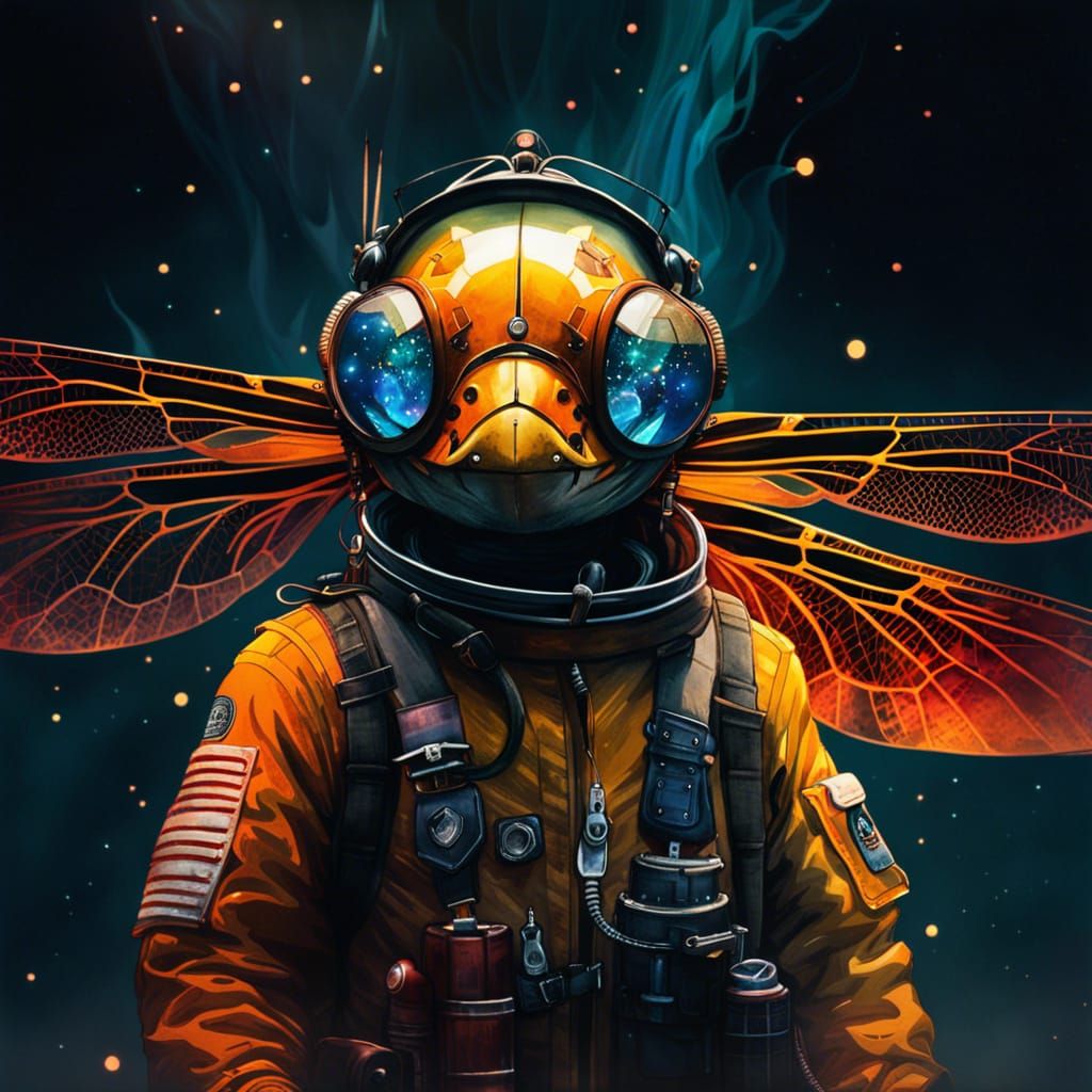 Anime Dragonfly Firefighter Portrait in Watercolor