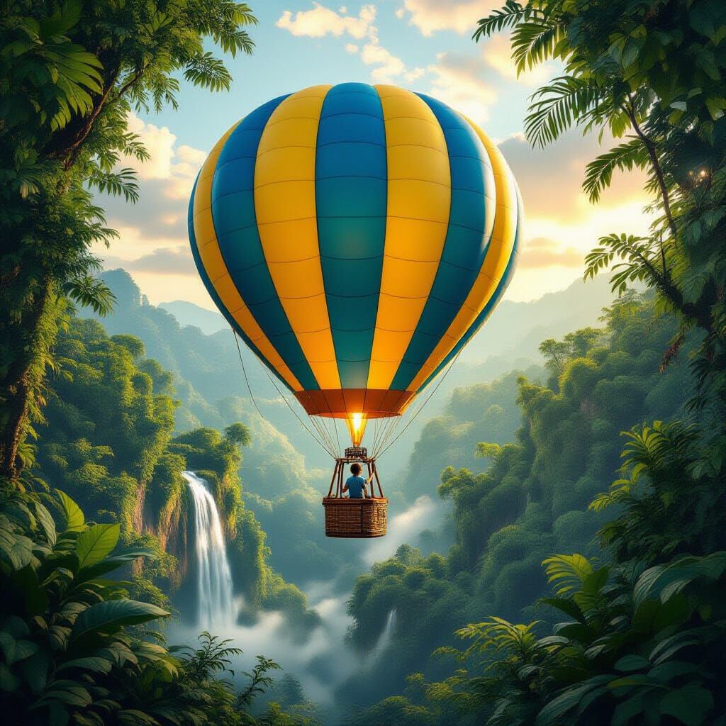 Boy in Hot Air Balloon Over Whimsical Jungle Canopy