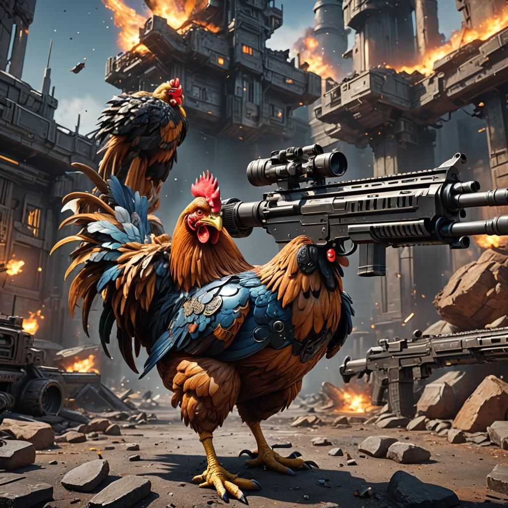 Supernova Chicken with M4 Gun: Detailed Matte Painting