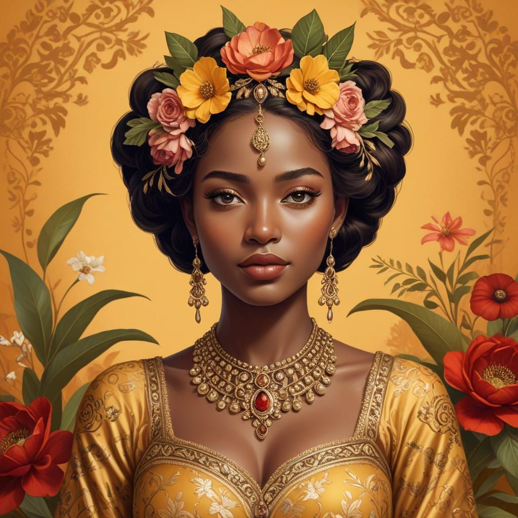 Regal Woman in Ornate Gown with Renaissance-Inspired Halo