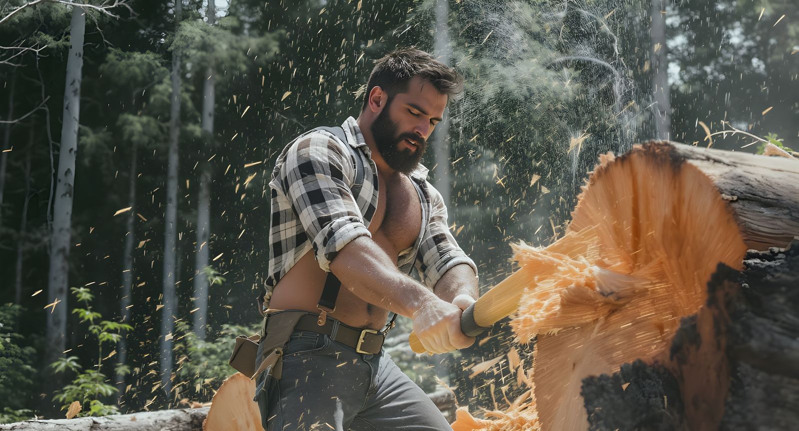 make this a photo realistic image   A young muscular lumberj...