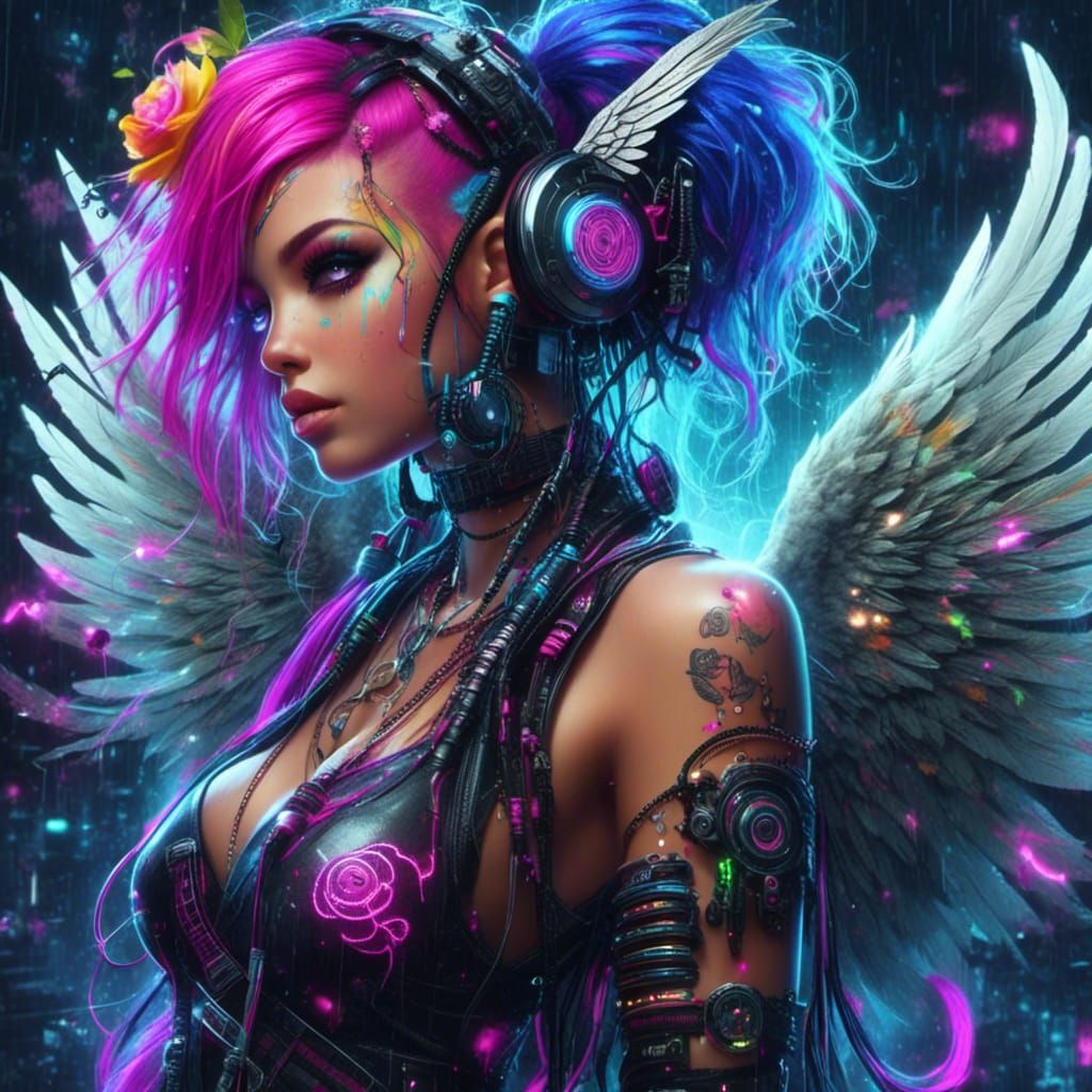 Fae with Neon Hair and Cybernetic Wings