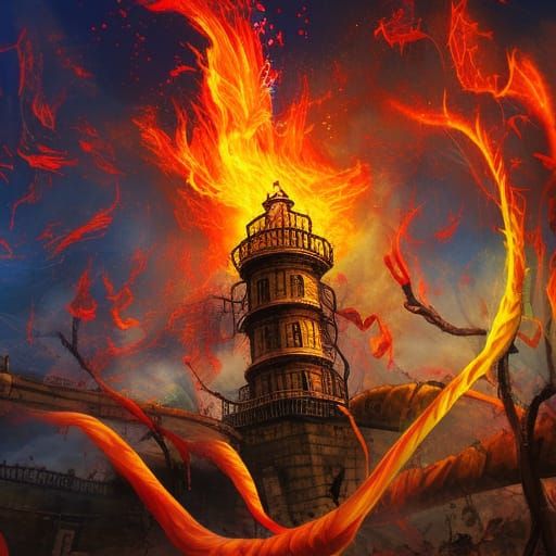 Hyperrealistic Fire Tornado Sweeping Haunted House