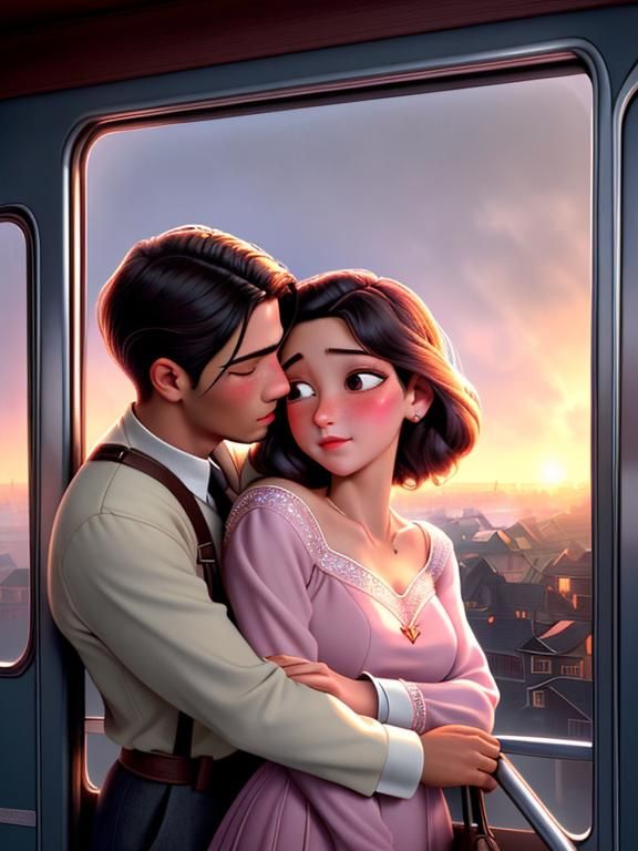 Romantic Embrace at 1930s Train Station