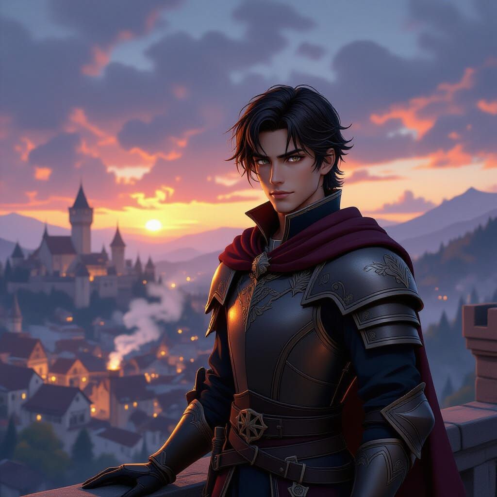 Nobleman on Castle Balcony at Dusk, Realistic Anime Style