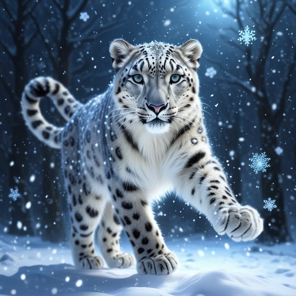 Snow Leopard Leaping in Ethereal Moonlight