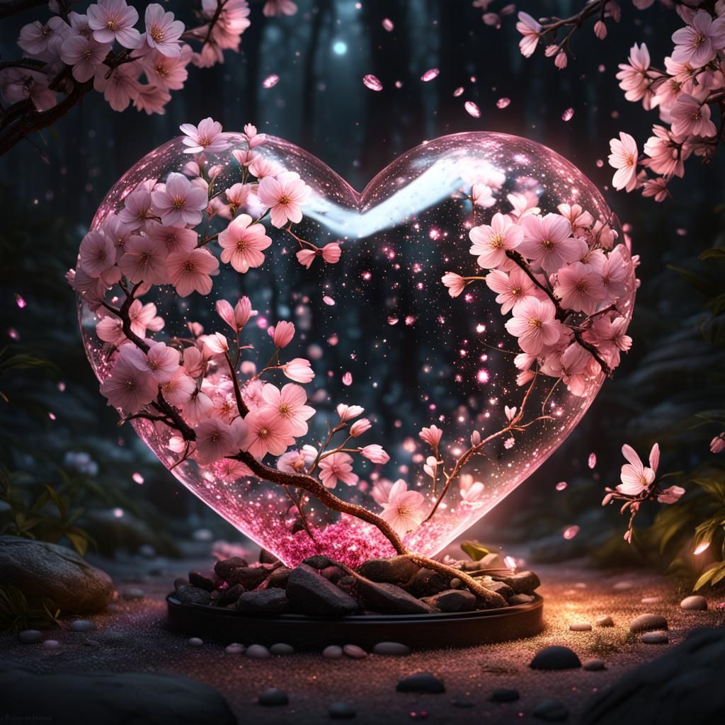 Crystalline Heart with Blossoms and Fireflies