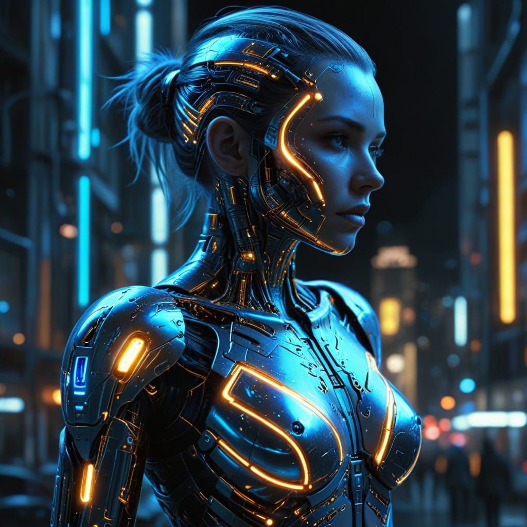 Cybernetic Person in Neon Cityscape, Sci-Fi Art