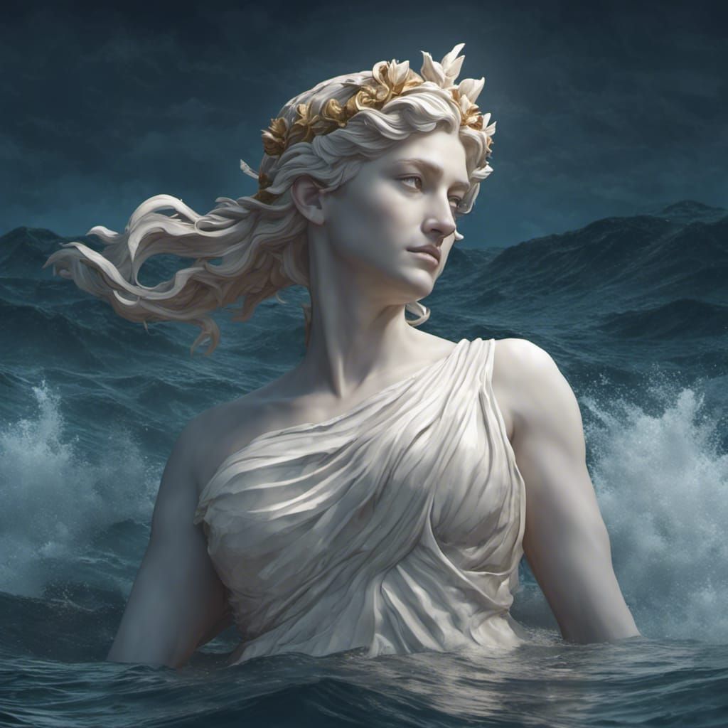 Greek Goddess Marble Statue in Ocean at Night