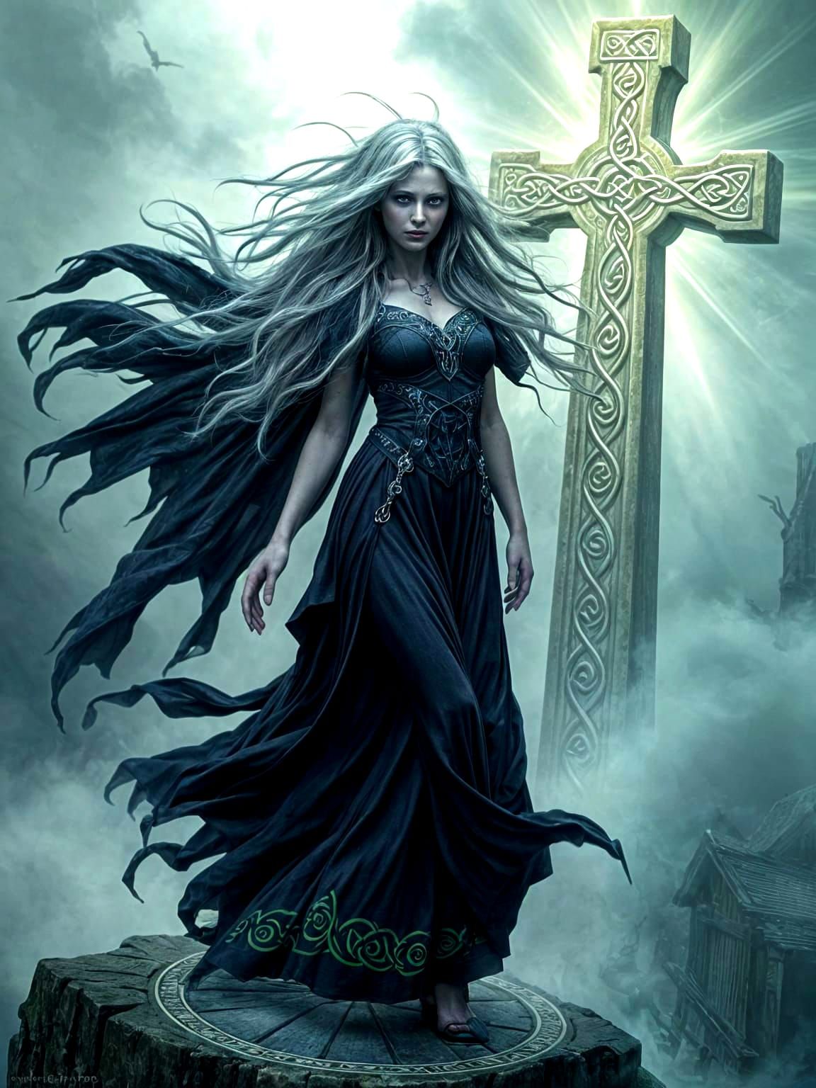 Banshee with Celtic Sign in Dramatic Lighting